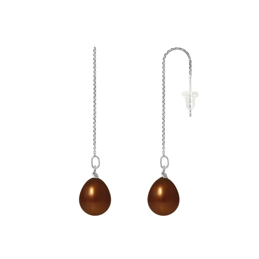 PERLINEA - Boucles d'Oreilles - Perles de Culture d'Eau Douce - Poire Diamètre 8-9 mm Chocolat - Or Blanc