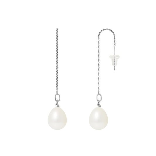 PERLINEA - Boucles d'Oreilles - Perles de Culture d'Eau Douce - Poire Diamètre 8-9 mm Blanc - Or Blanc