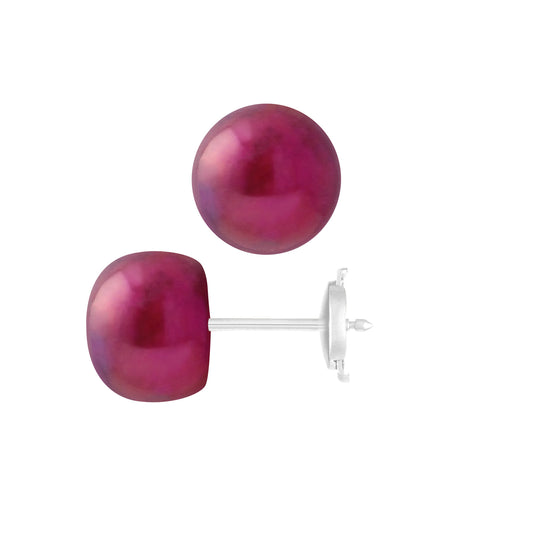 PERLINEA - Boucles d'Oreilles - Perles de Culture d'Eau Douce - Bouton Diamètre 9-10 mm Rouge Cerise - Or Blanc