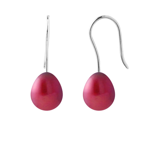 PERLINEA - Boucles d'Oreilles - Perles de Culture d'Eau Douce - Poire Diamètre 7-8 mm Rouge Cerise - Or Blanc