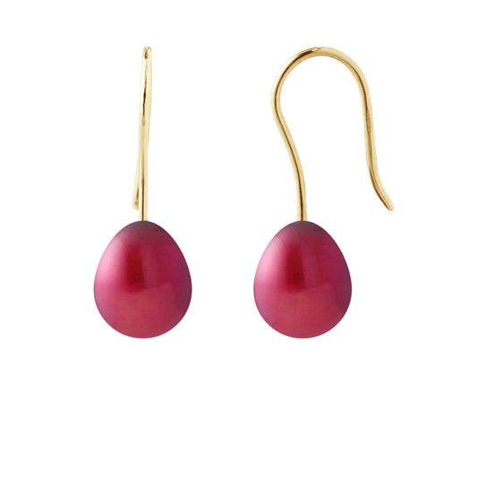 PERLINEA - Boucles d'Oreilles - Perles de Culture d'Eau Douce - Poire Diamètre 7-8 mm Rouge Cerise - Or Jaune