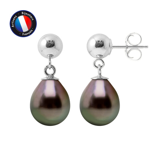 PERLINEA - Boucles d'Oreilles - Perles de Culture de Tahiti - Ovale Diamètre 8-9 mm - Argent 925 Millièmes