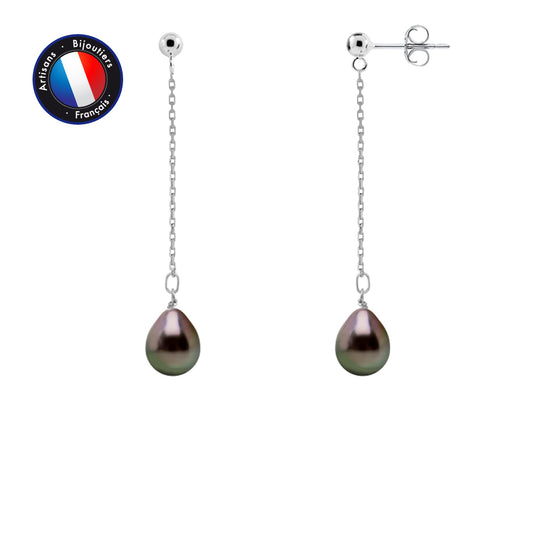 PERLINEA - Boucles d'Oreilles Pendante - Perles de Culture de Tahiti - Ovale Diamètre 8-9 mm - Argent 925 Millièmes