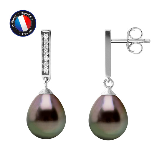 PERLINEA - Boucles d'Oreilles - Perles de Culture de Tahiti - Poire Diamètre 8-9 mm - Argent 925 Millièmes