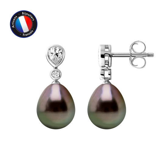 PERLINEA - Boucles d'Oreilles - Perles de Culture de Tahiti - Poire Diamètre 8-9 mm - Argent 925 Millièmes