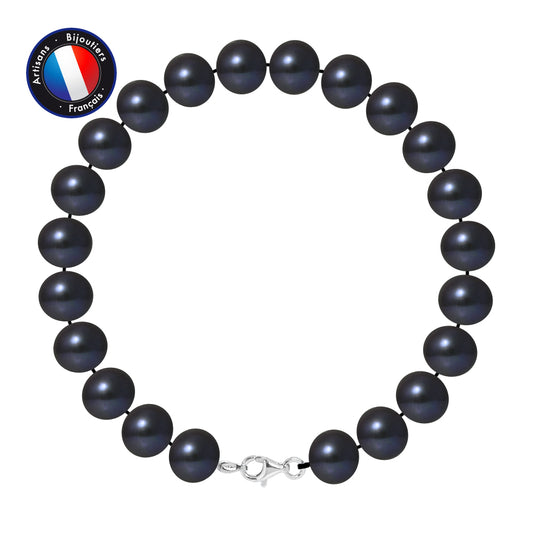 PERLINEA - Bracelet - Perles de Culture d'Eau Douce - Semi Ronde 9-10 mm Black Tahiti - Argent 925 Millièmes